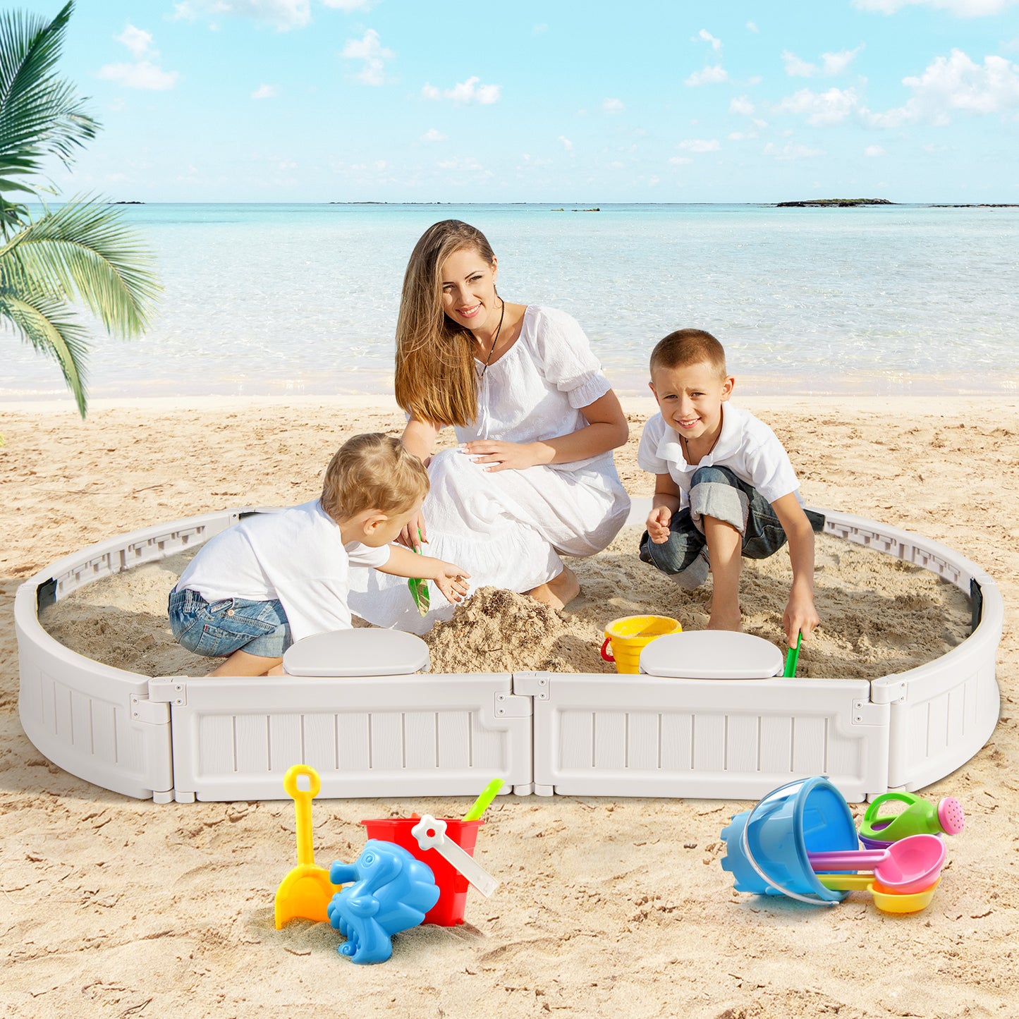Sandbox with Built-in Corner Seat and Bottom Liner-Brown