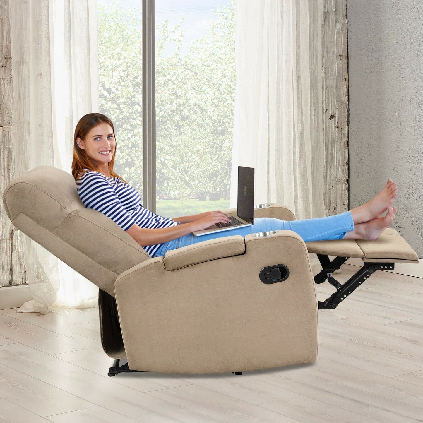 Recliner Chair Single Sofa Lounger with Arm Storage and Cup Holder for Living Room-Coffee