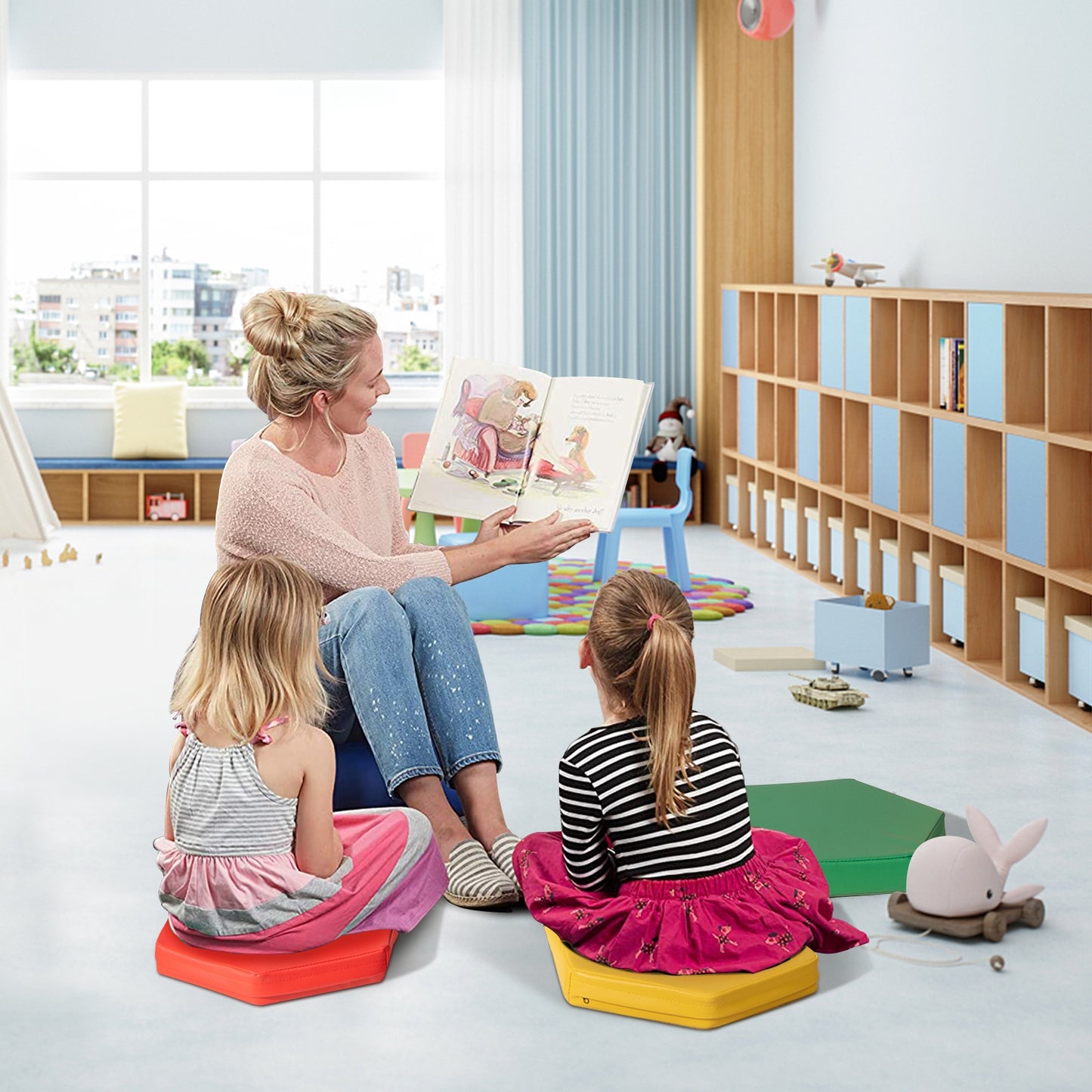 6 Pieces Multifunctional Hexagon Toddler Floor Cushions Classroom Seating with Handles-Blue