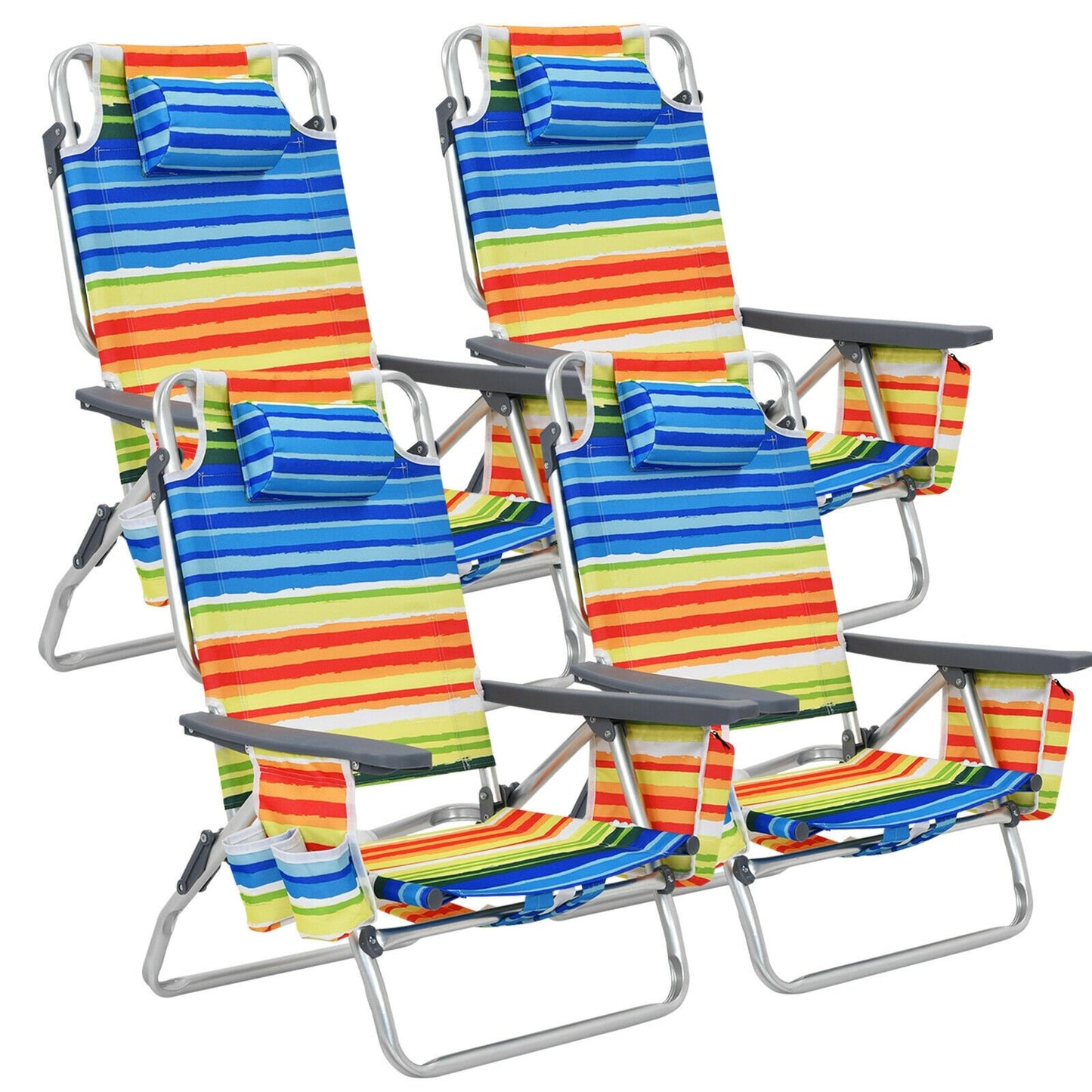 4-Pack 5-Position Outdoor Folding Backpack Beach Reclining Chair with Pillow-Blue