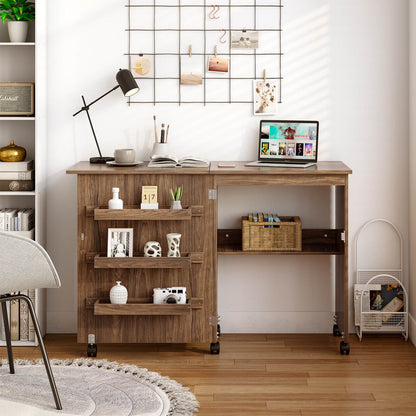 Folding Sewing Craft Table Shelf Storage Cabinet Home Furniture-Brown