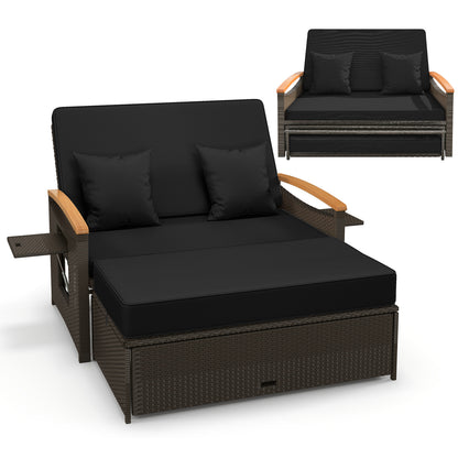 Outdoor Wicker Daybed with Folding Panels and Storage Ottoman-Beige