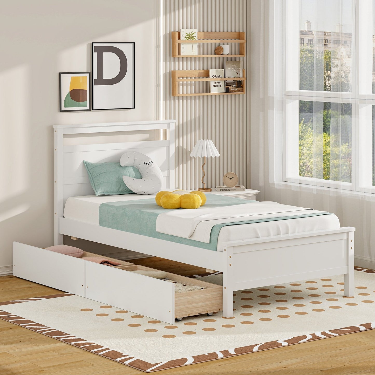 Twin Size Wooden Bed Frame with 2 Drawers for Teens and Adults-Gray
