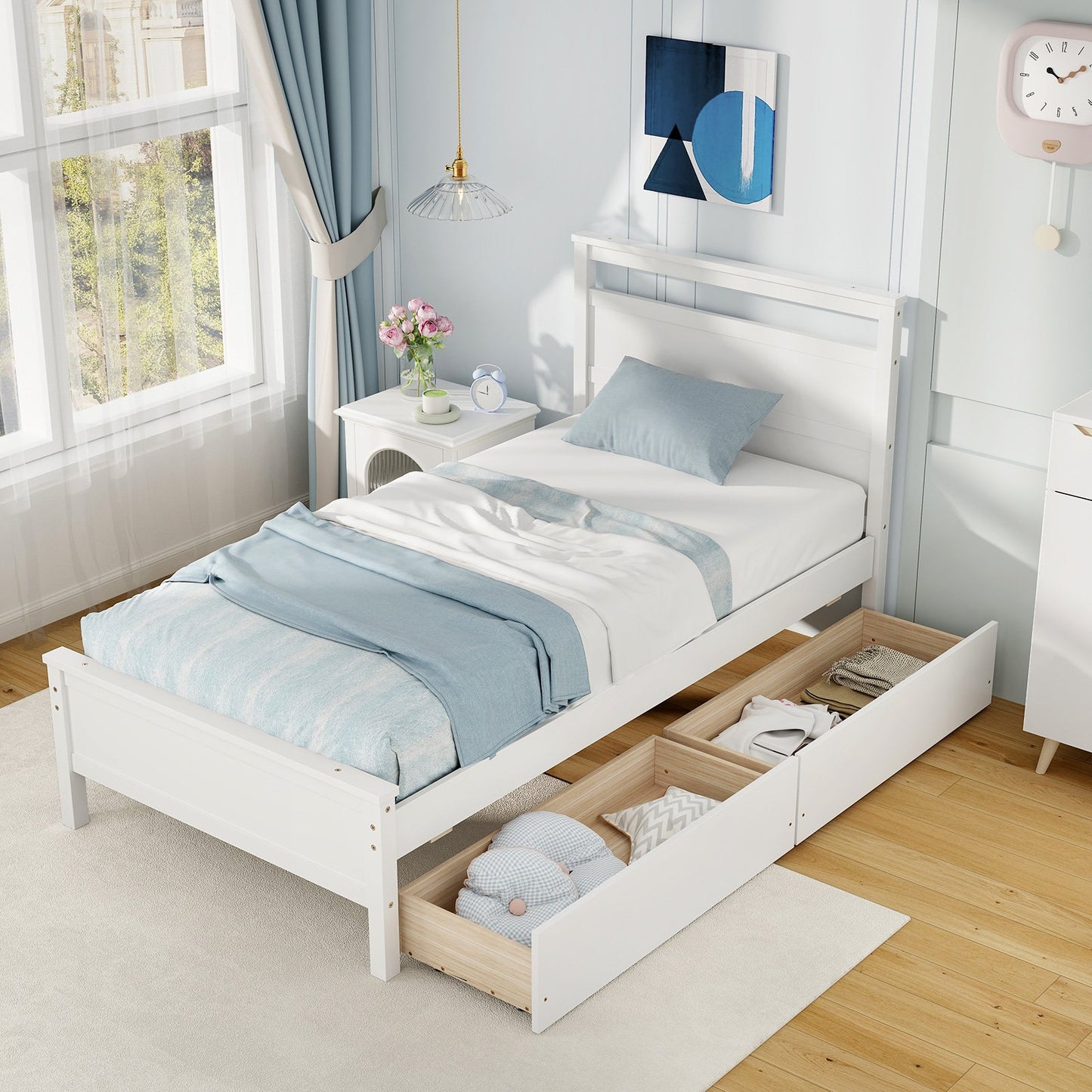Twin Size Wooden Bed Frame with 2 Drawers for Teens and Adults-Gray