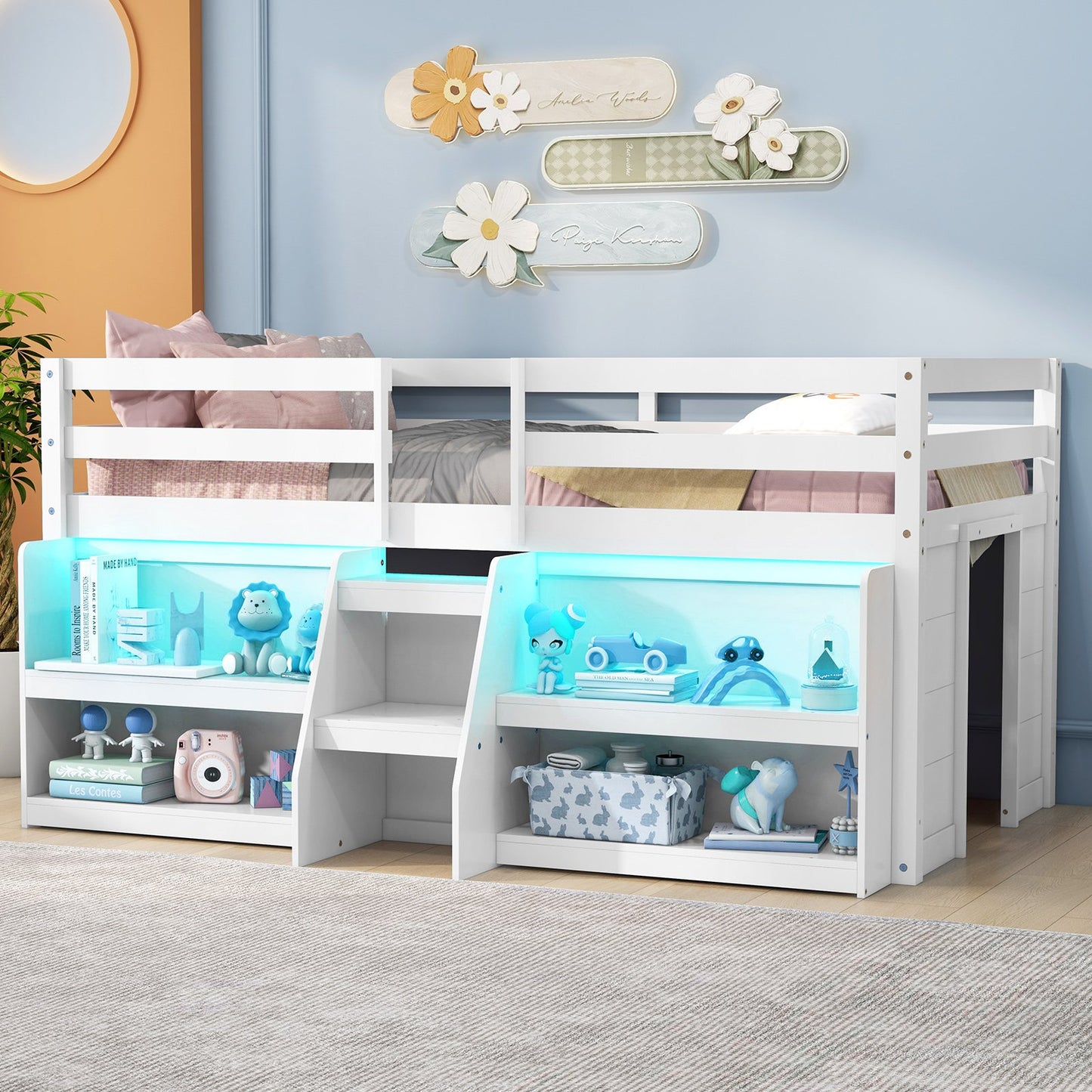 Twin Size Loft Bed with LED Lights with Staircase and Safety Guardrail-Grey