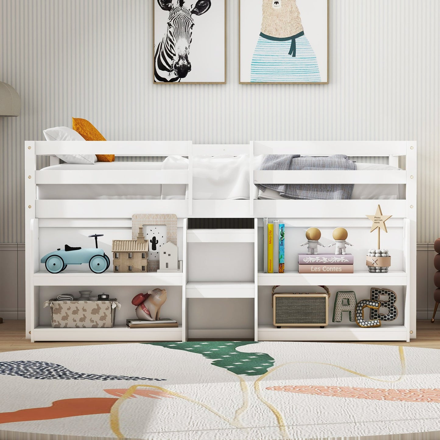 Twin Size Loft Bed with LED Lights with Staircase and Safety Guardrail-Grey