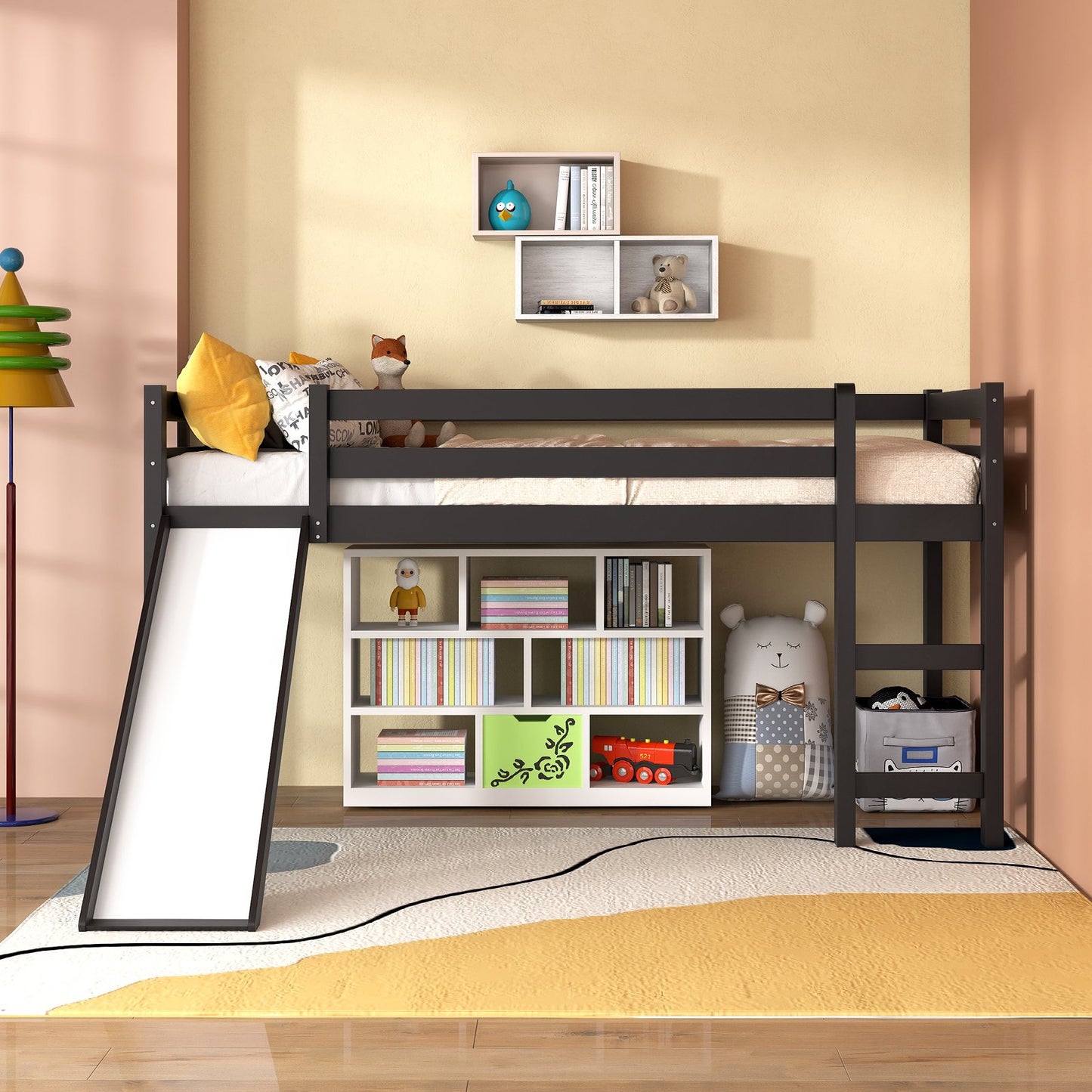 Twin Size Low Sturdy Loft Bed with Slide Wood -Dark Brown