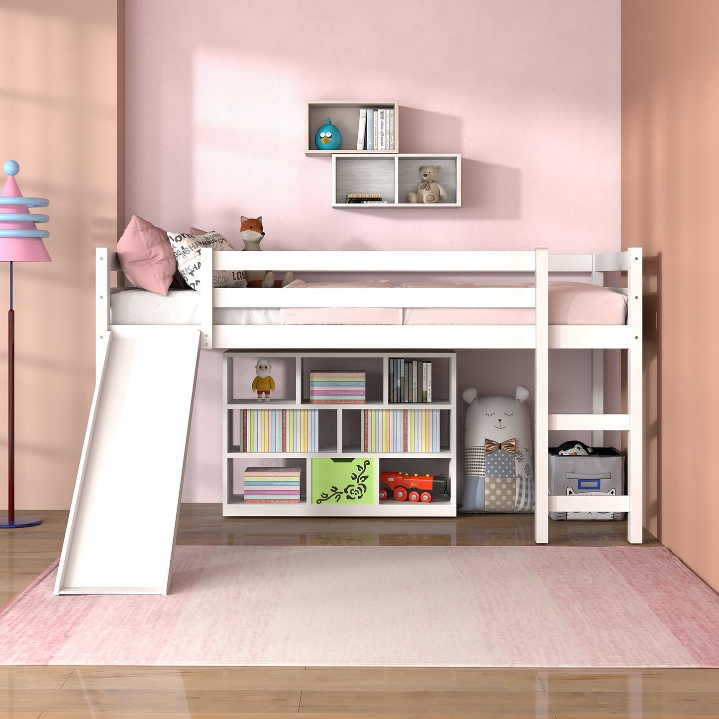 Twin Size Low Sturdy Loft Bed with Slide Wood -Dark Brown
