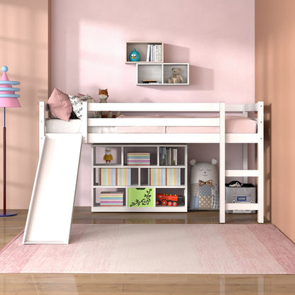Twin Size Low Sturdy Loft Bed with Slide Wood -Dark Brown