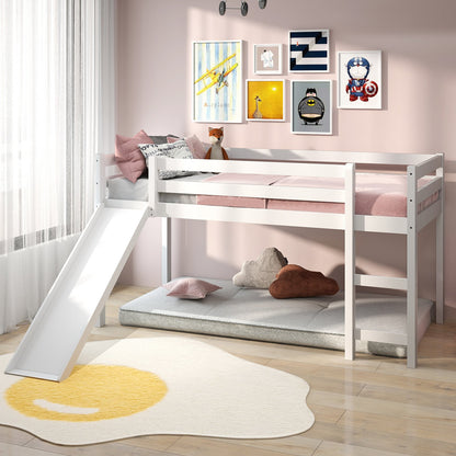 Twin Size Low Sturdy Loft Bed with Slide Wood -Dark Brown