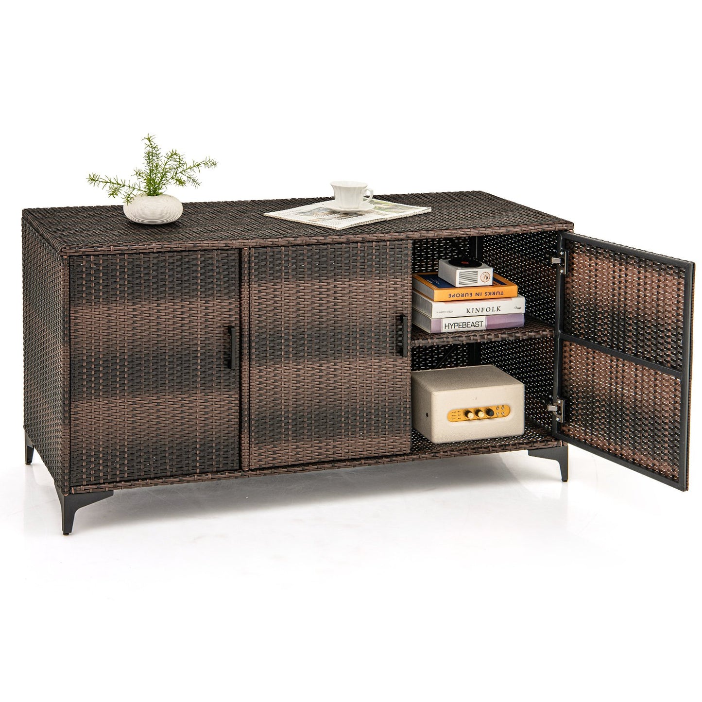 84 Gallon Patio Wicker Deck Box 3-Door PE Rattan Storage Container with Removable Shelves-Black