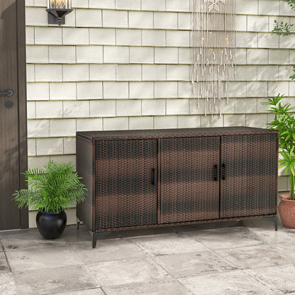 84 Gallon Patio Wicker Deck Box 3-Door PE Rattan Storage Container with Removable Shelves-Black