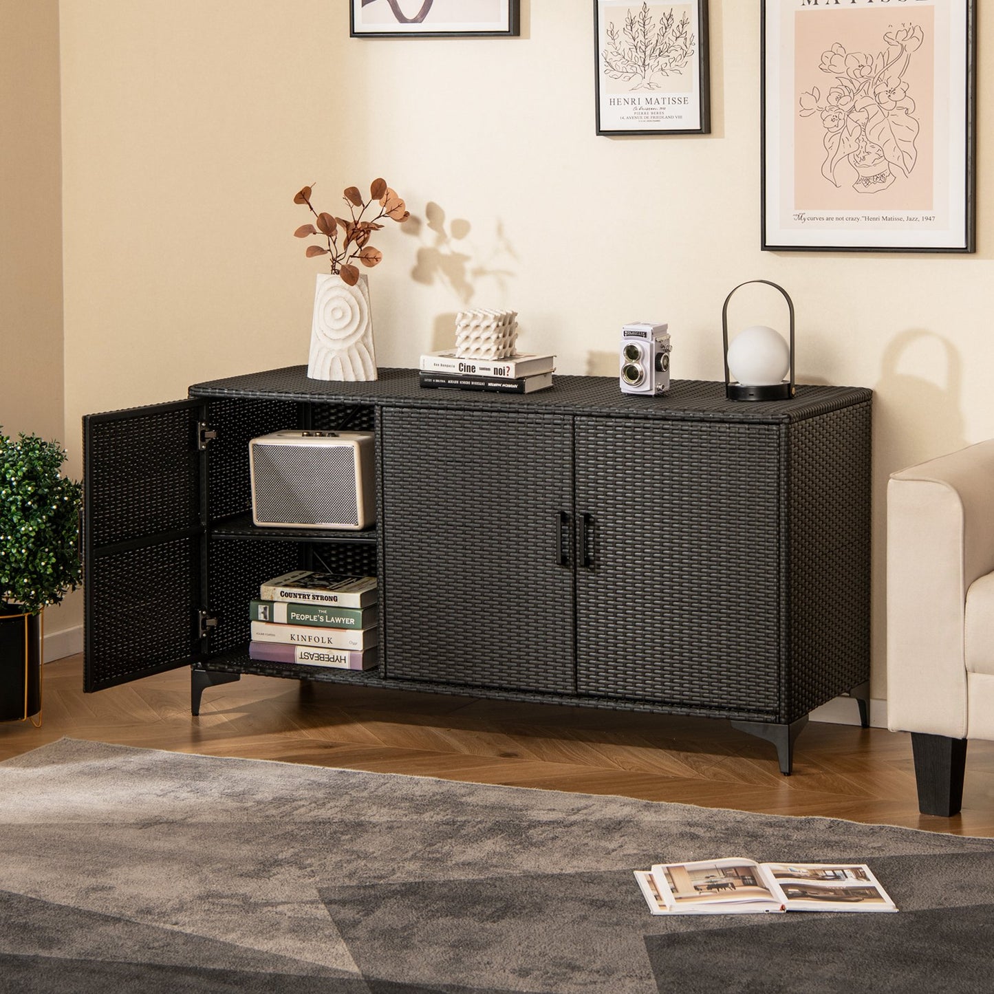 84 Gallon Patio Wicker Deck Box 3-Door PE Rattan Storage Container with Removable Shelves-Black