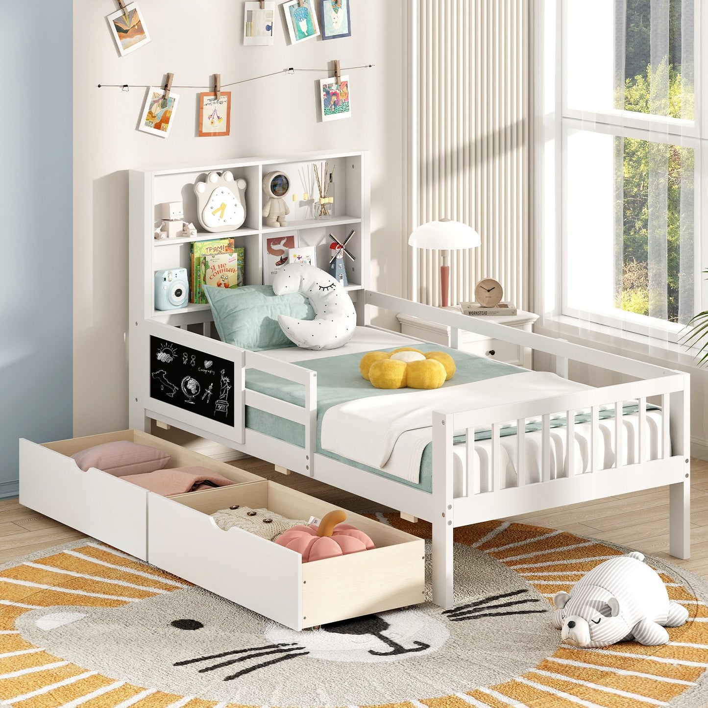 Twin/Full Size Bed Frame with 2 Drawers and Bookcase for Boys and Girls-Full Size