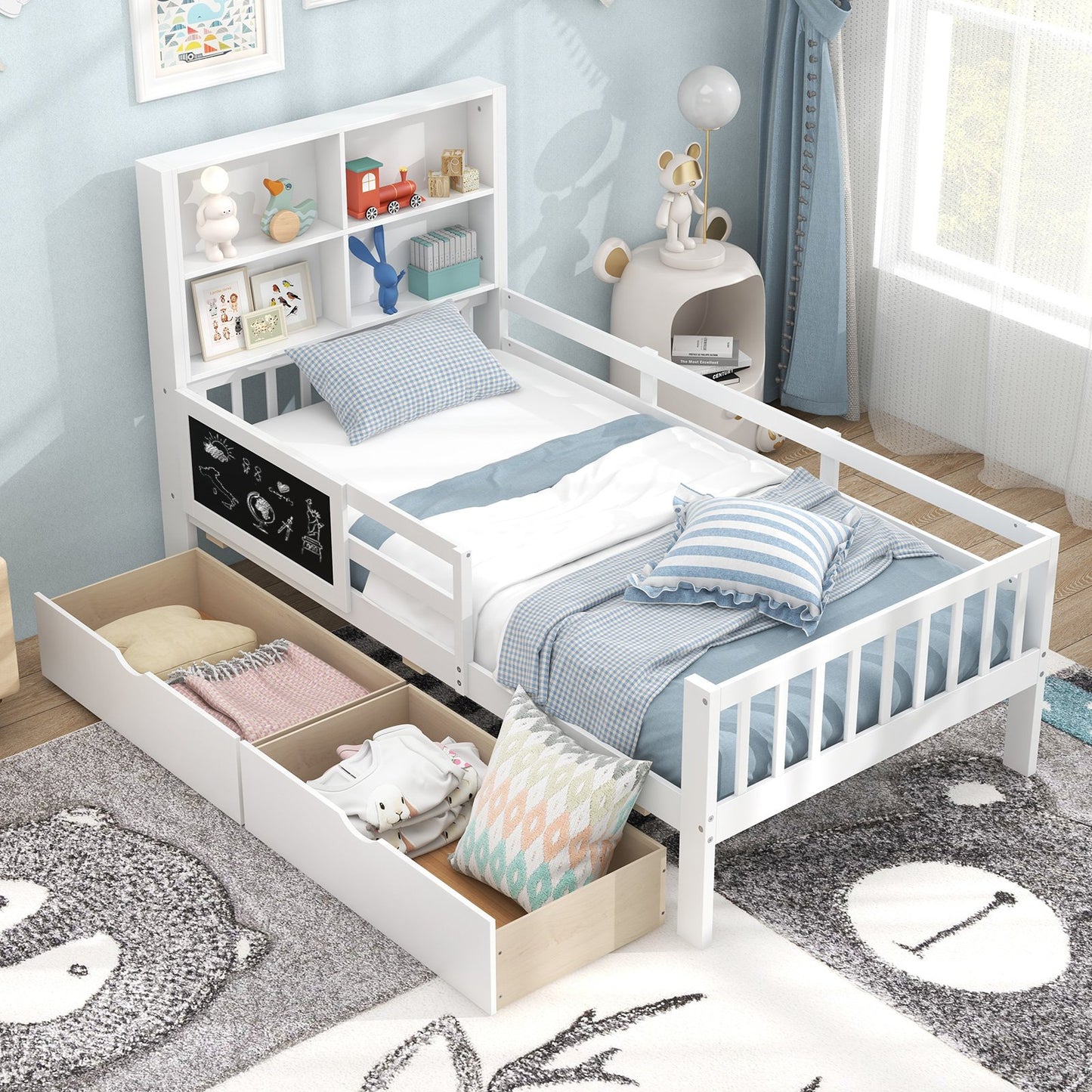 Twin/Full Size Bed Frame with 2 Drawers and Bookcase for Boys and Girls-Full Size