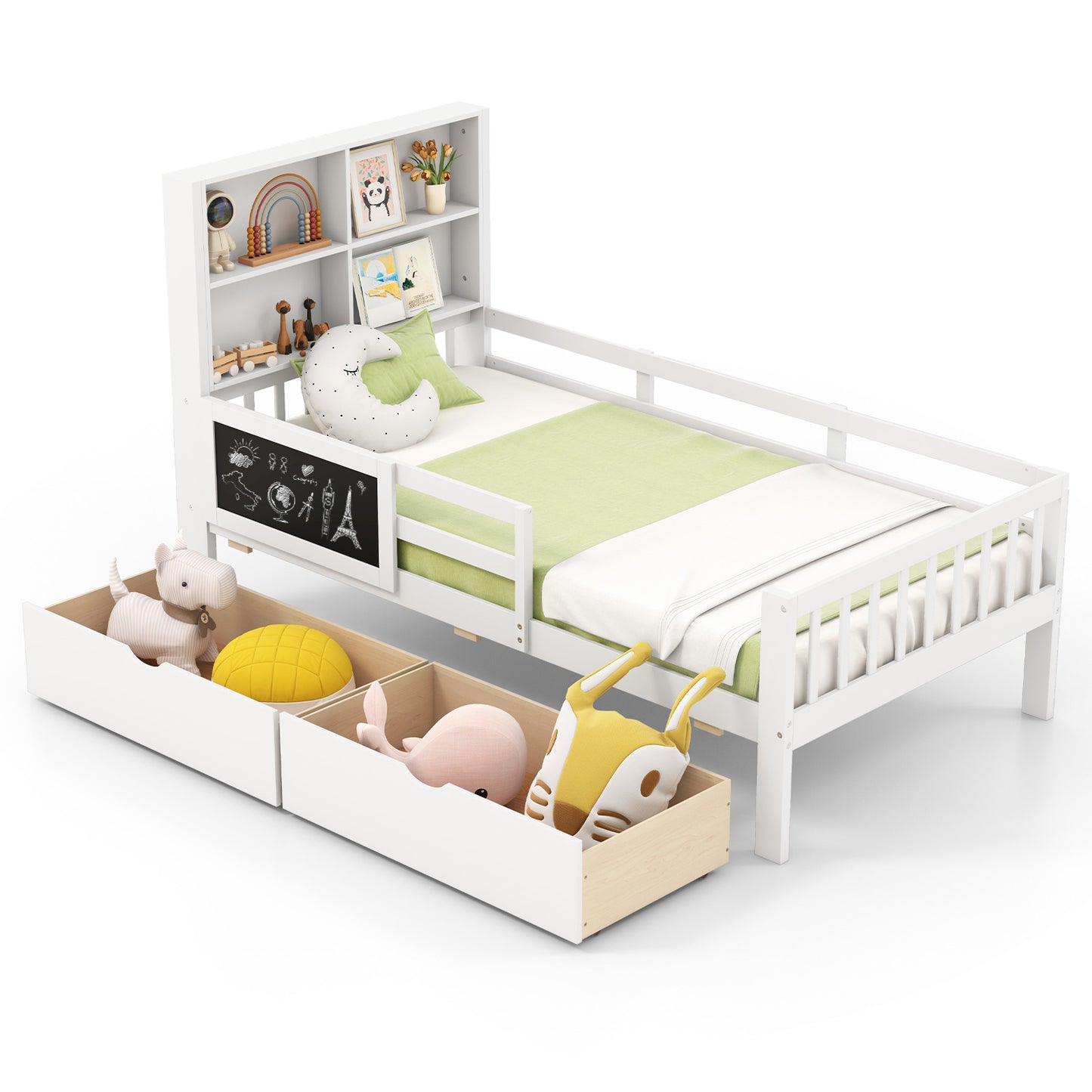 Twin/Full Size Bed Frame with 2 Drawers and Bookcase for Boys and Girls-Full Size