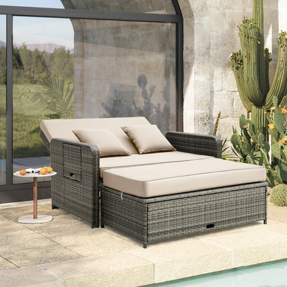 Patio Wicker Loveseat Sofa with Multipurpose Ottoman and Retractable Side Tray-Beige