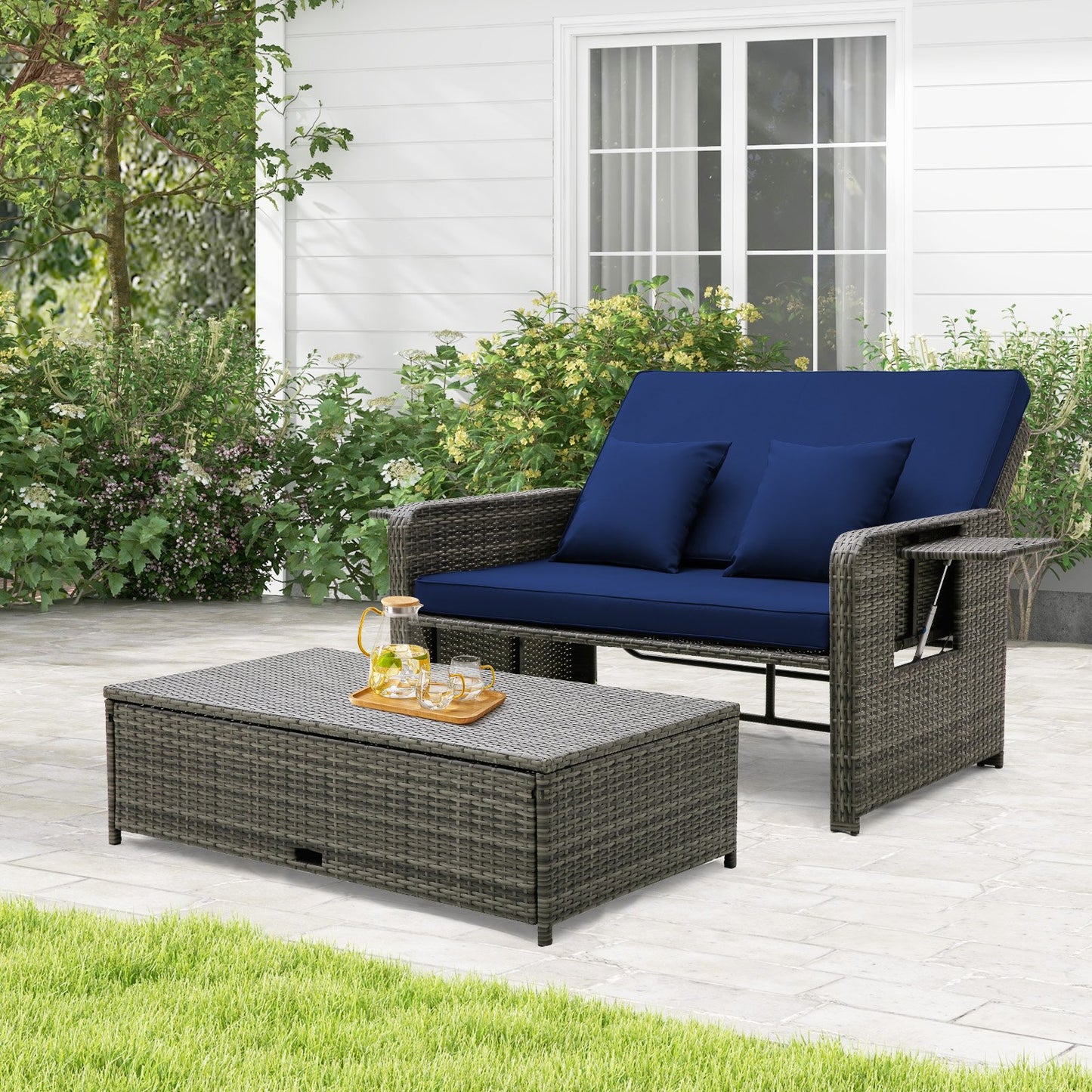 Patio Wicker Loveseat Sofa with Multipurpose Ottoman and Retractable Side Tray-Beige
