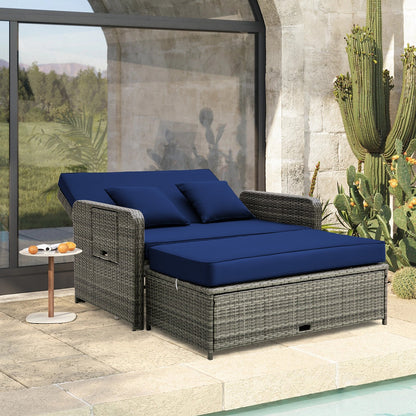 Patio Wicker Loveseat Sofa with Multipurpose Ottoman and Retractable Side Tray-Beige