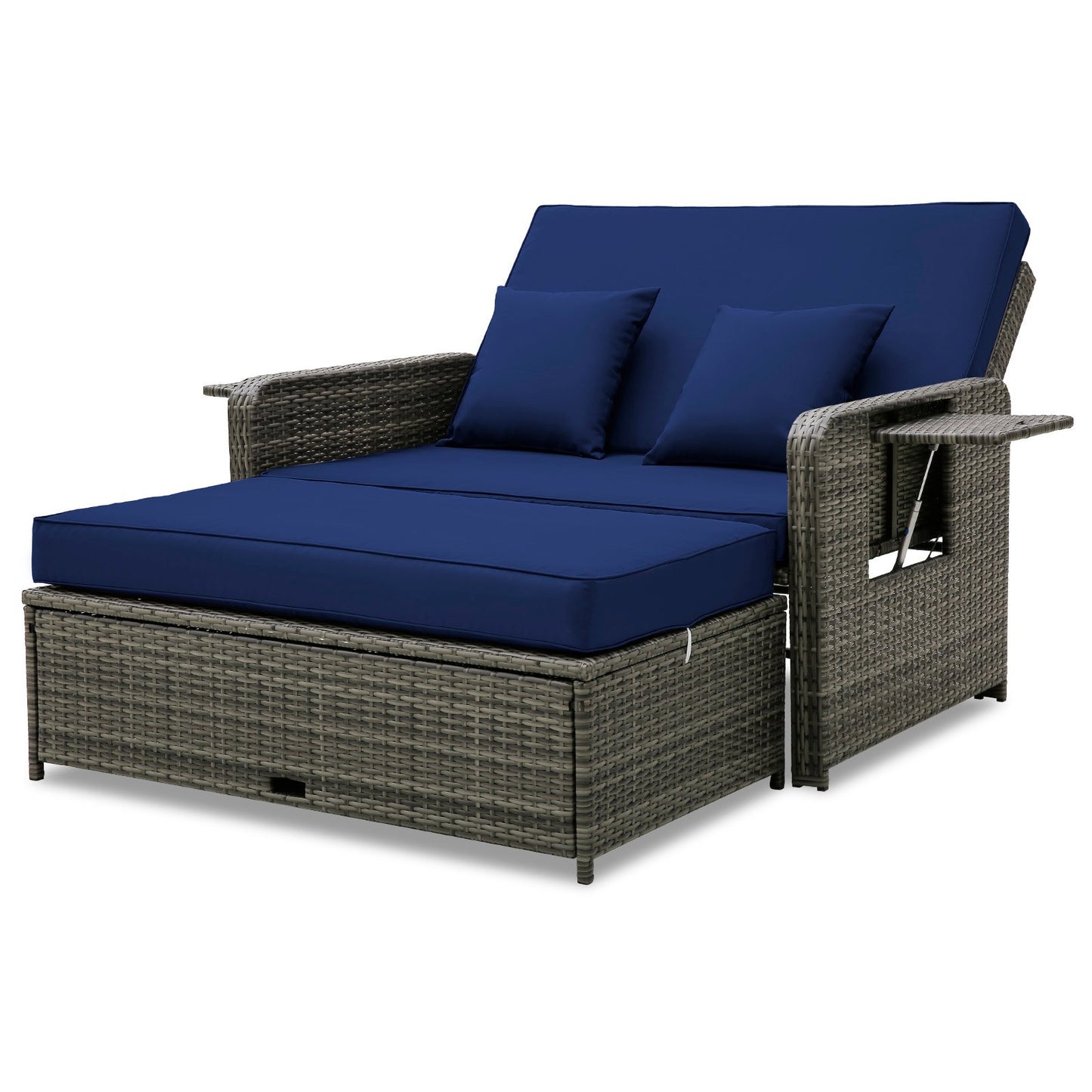 Patio Wicker Loveseat Sofa with Multipurpose Ottoman and Retractable Side Tray-Beige