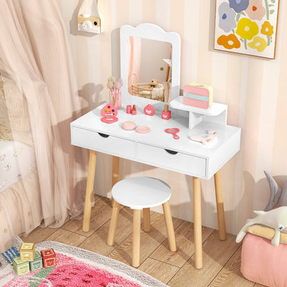 Kid Vanity Table Chair Set with Mirror and 2 Large Storage Drawers-Pink