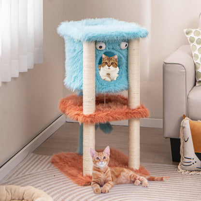 Cute Monster-Themed Cat Tower with Private Condo and Soft Long Plush-Blue