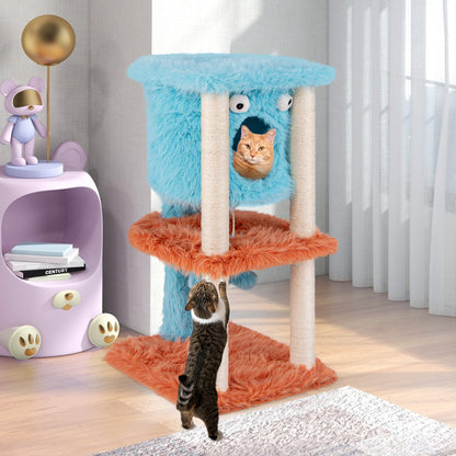 Cute Monster-Themed Cat Tower with Private Condo and Soft Long Plush-Blue
