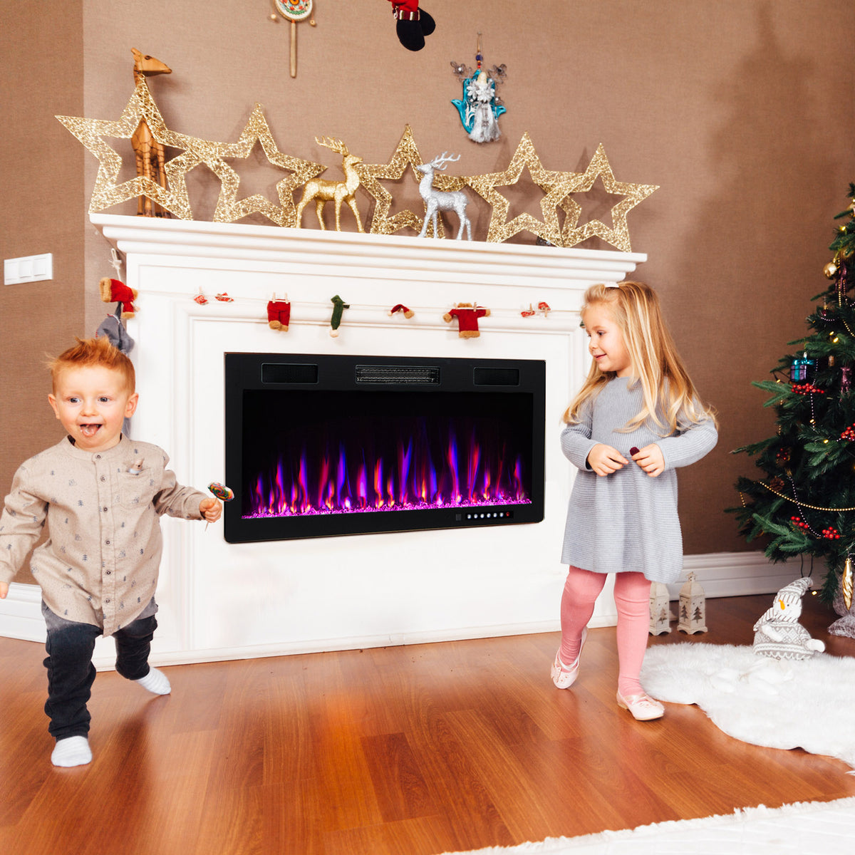 Electric fireplace by Wilsons Home Store, 40/50/60 inches, recessed and wall-mounted design for 2' x 6' stud walls.