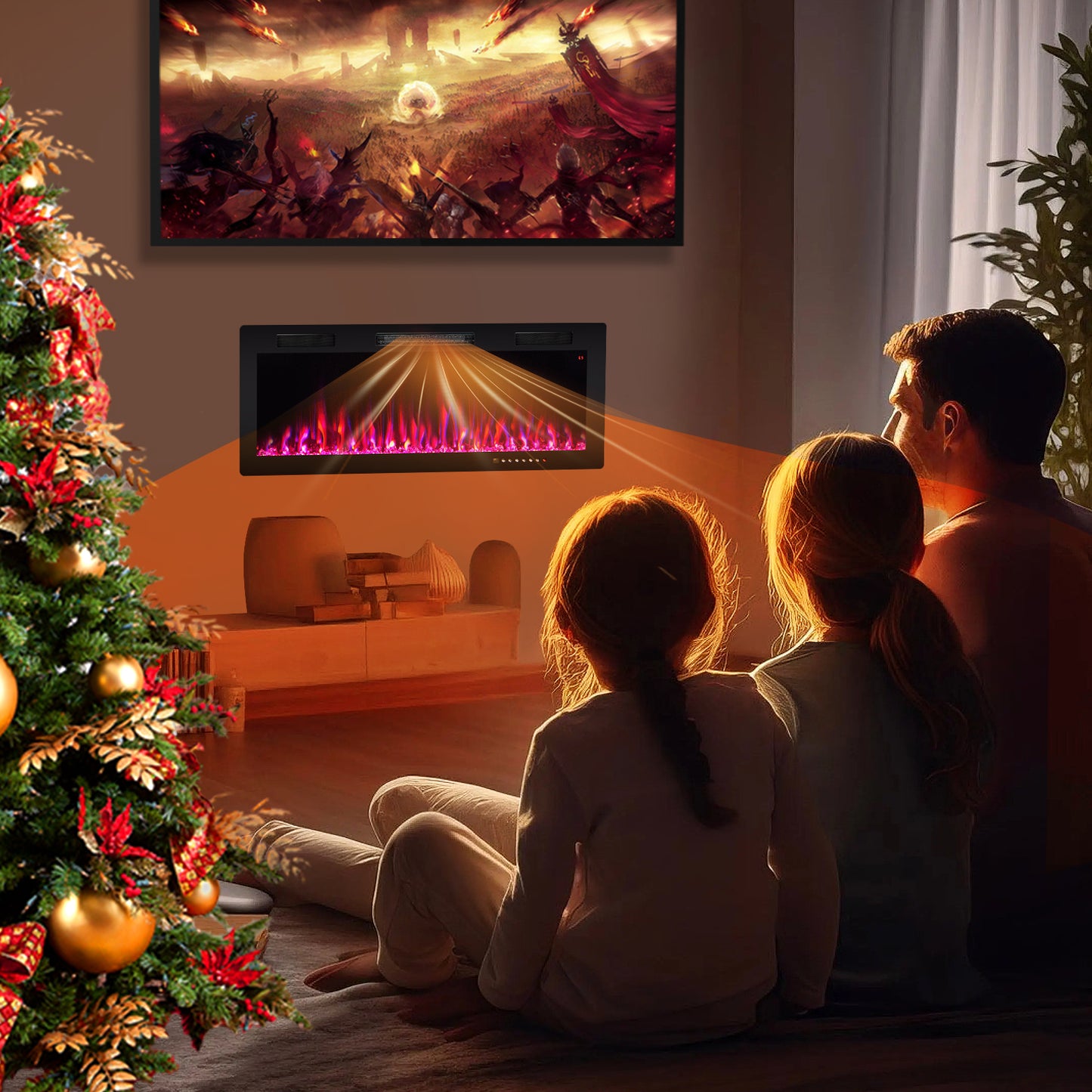 Electric fireplace by Wilsons Home Store, 40-60 inches, recessed and wall-mounted for 2x6 stud walls, with realistic flame display.