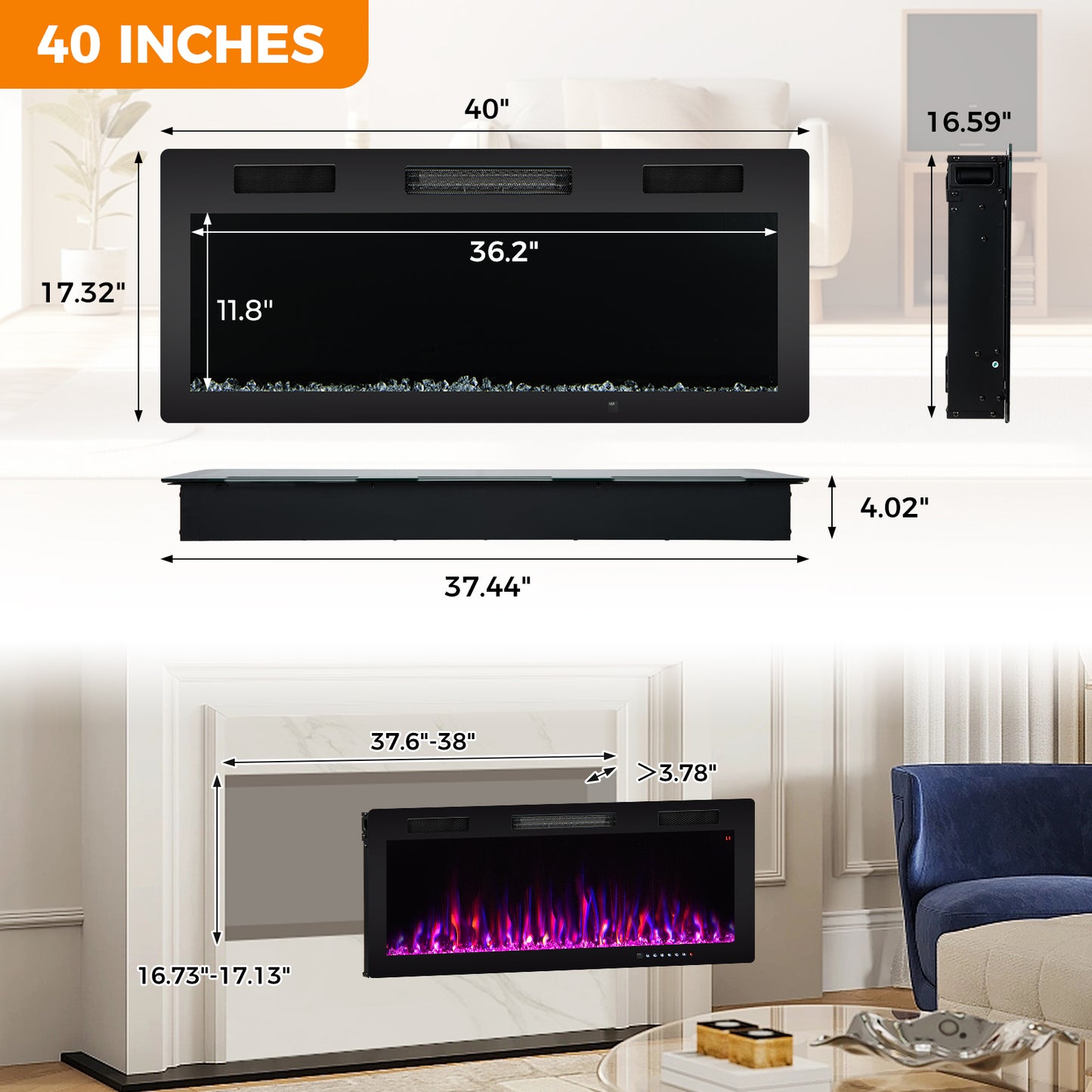 Electric fireplace by Wilsons Home Store, 40-60 inch recessed and wall-mounted model with realistic flame display.