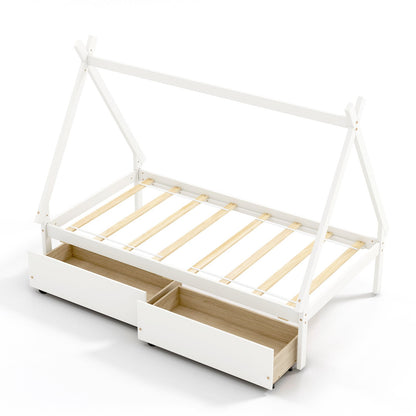 Twin Size Wooden Tent Platform House Bed with 2 Drawers-Gray
