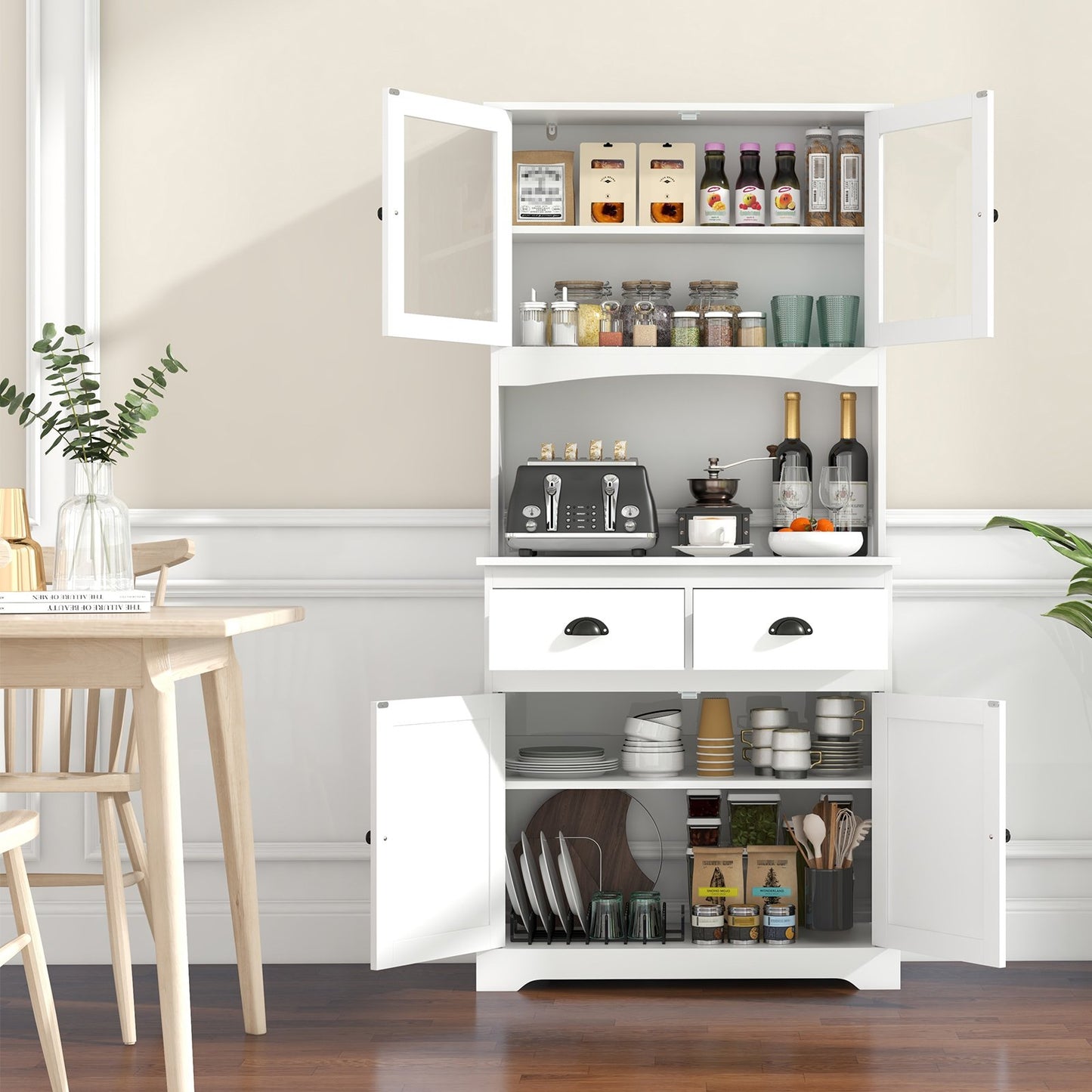 Tall Sideboard with 2 Drawers and Adjustable Shelves-Black