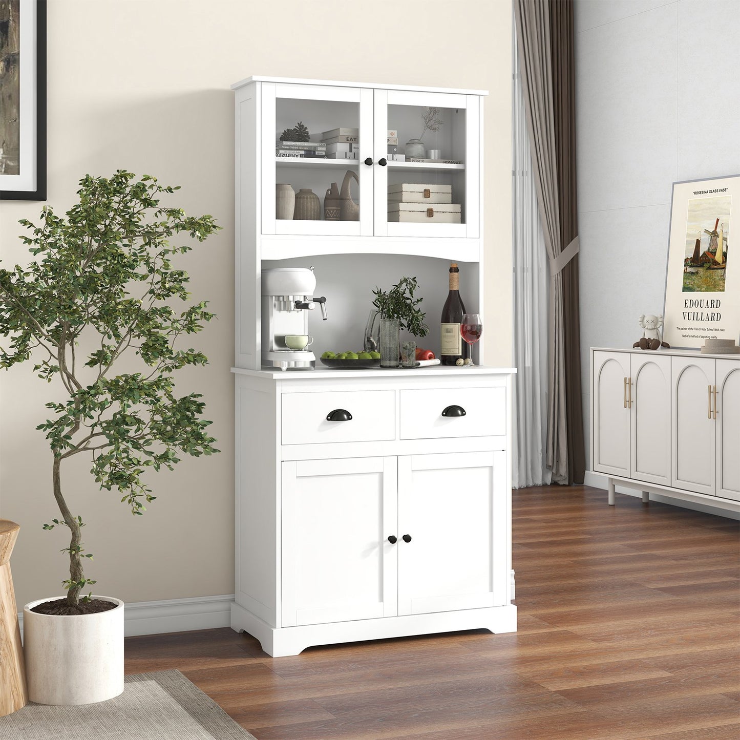 Tall Sideboard with 2 Drawers and Adjustable Shelves-Black