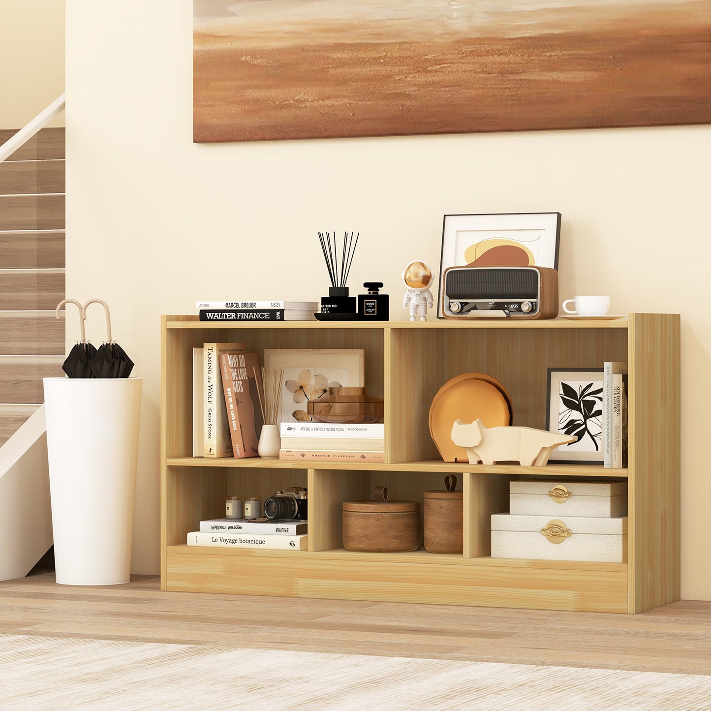 Kids 2-Shelf Bookcase 5-Cube Wood Toy Storage Cabinet Organizer-Beige