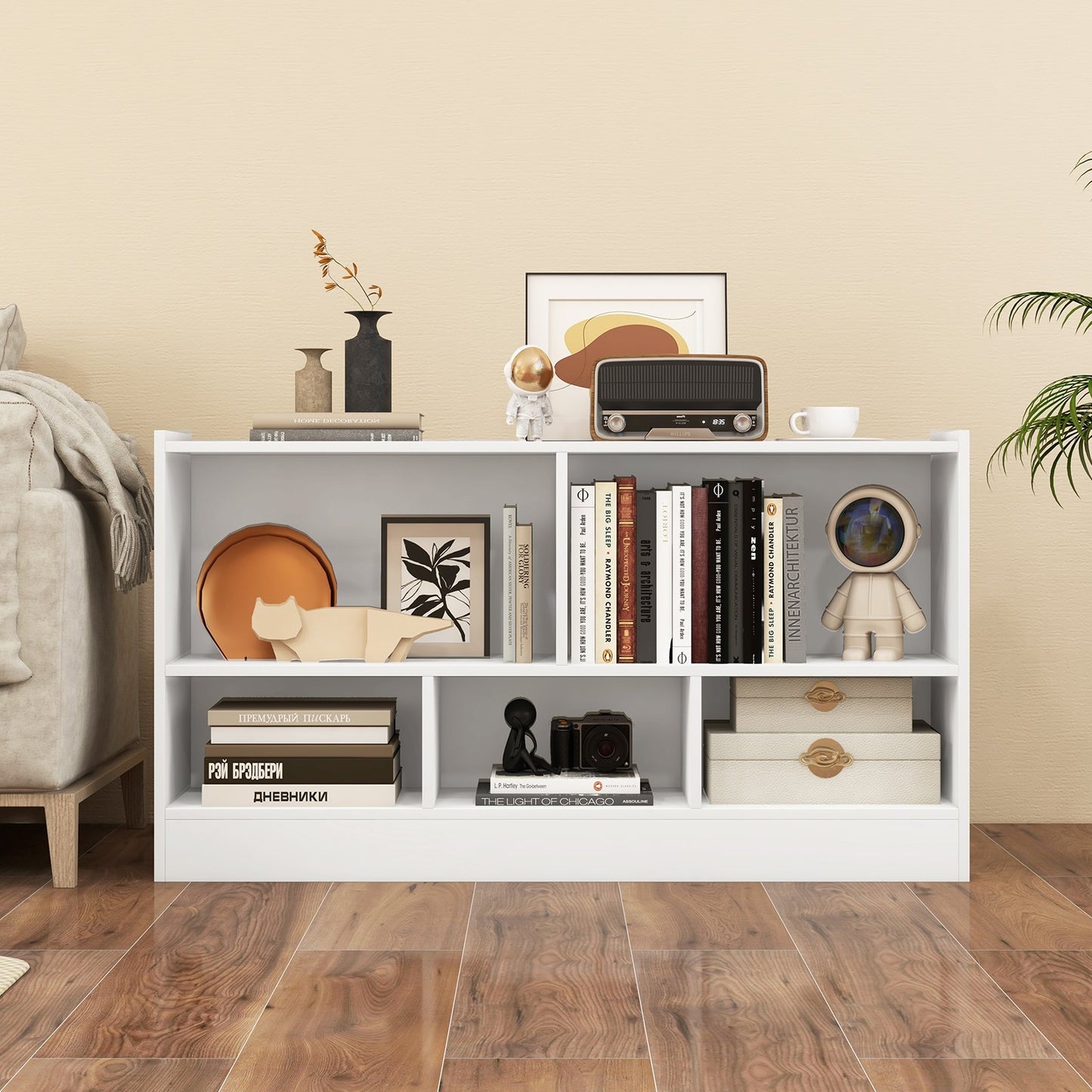 Kids 2-Shelf Bookcase 5-Cube Wood Toy Storage Cabinet Organizer-Beige