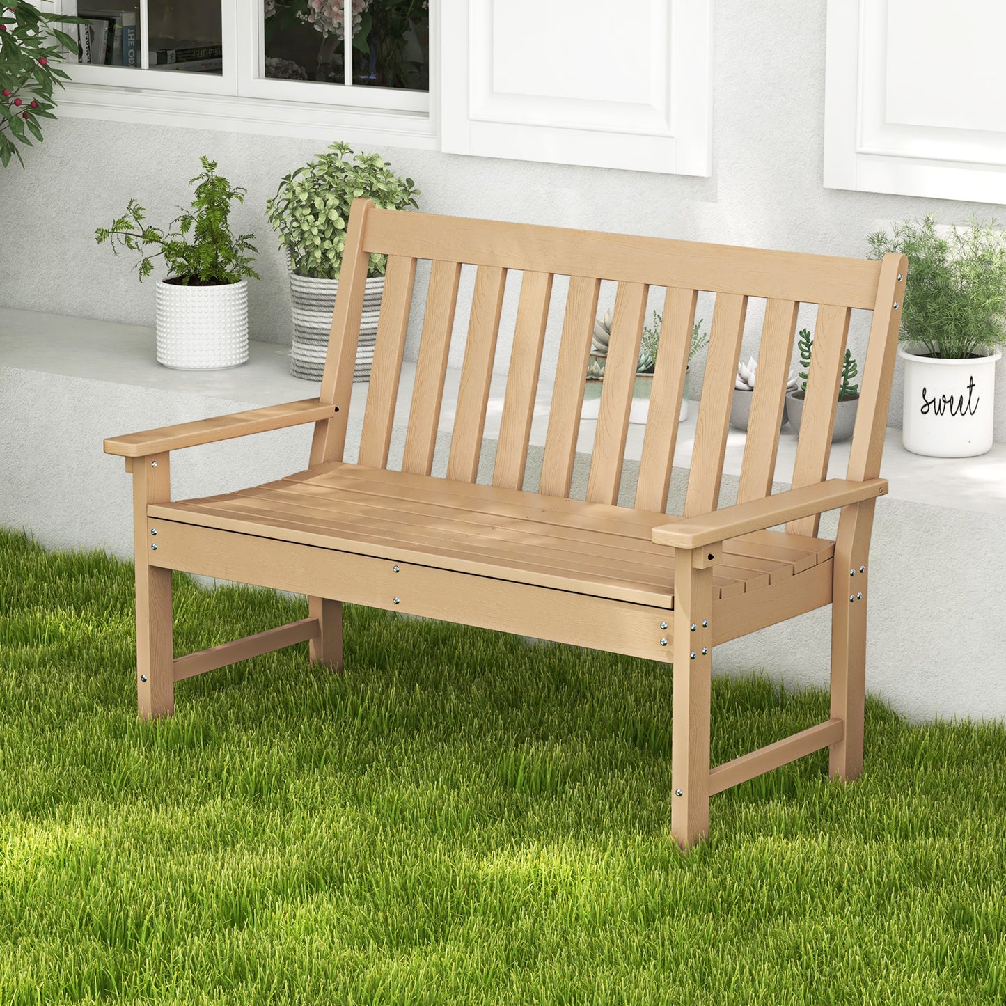 52 Inch All-Weather HDPE Outdoor Bench with Backrest and Armrests-Black