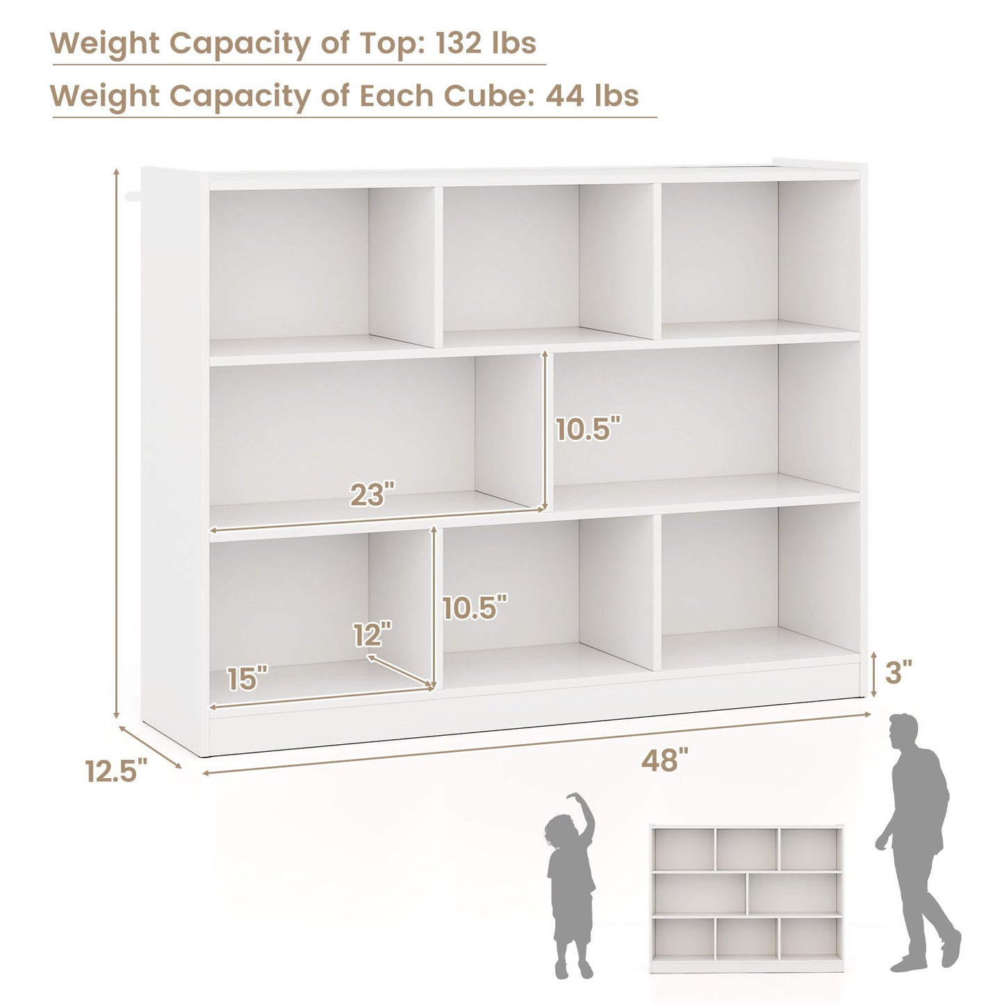 3-Tier Open Bookcase 8-Cube Floor Standing Storage Shelves-Blue