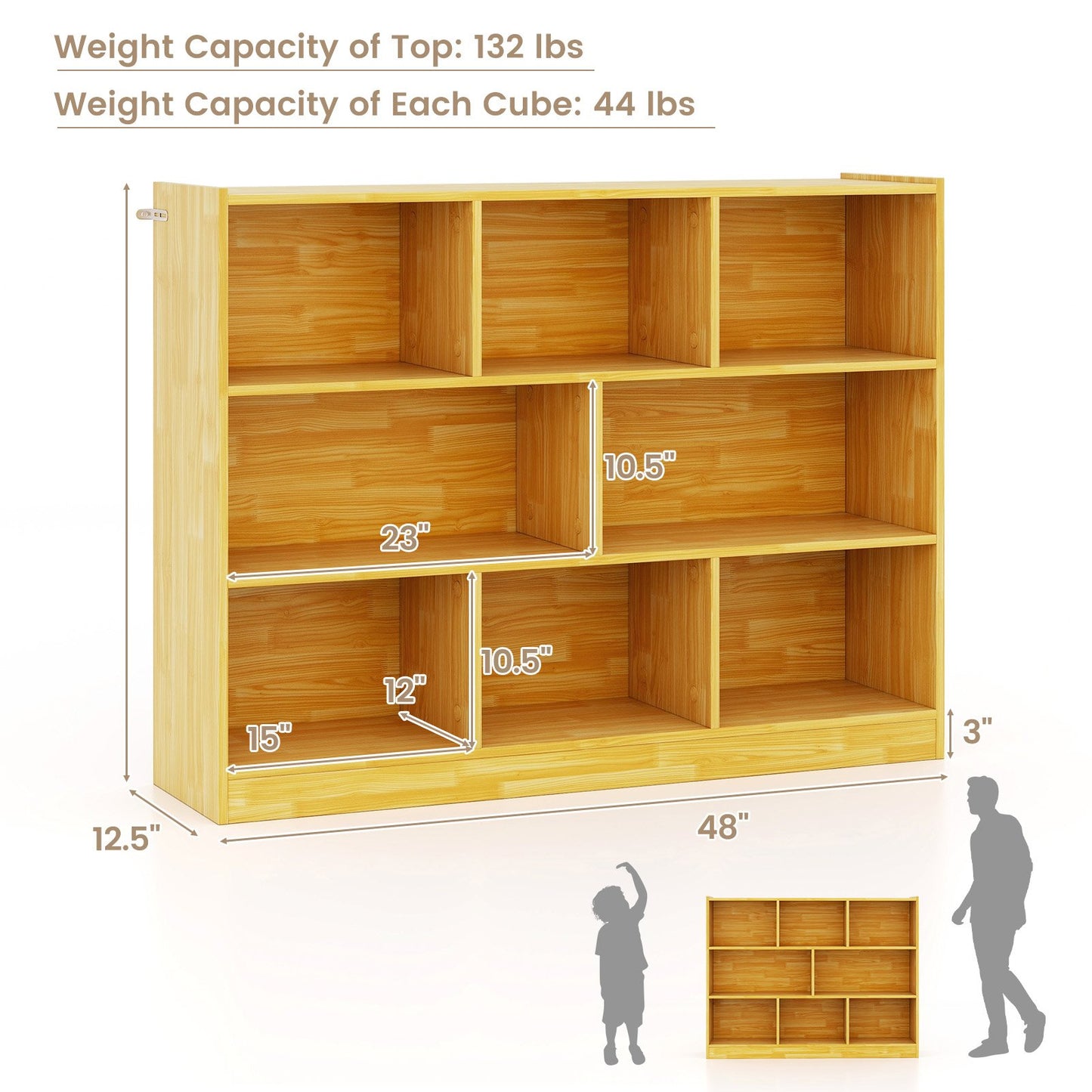 3-Tier Open Bookcase 8-Cube Floor Standing Storage Shelves-Blue