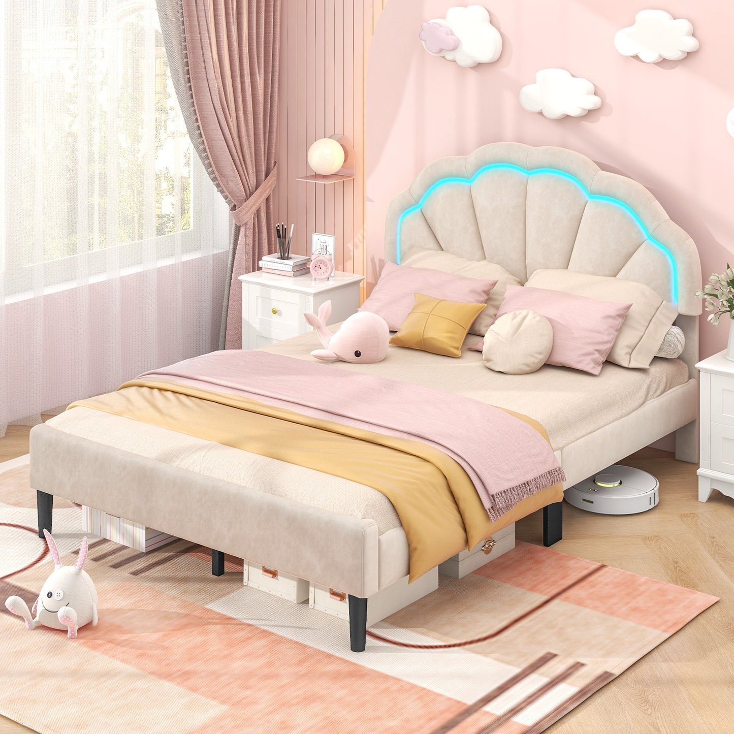 Upholstered LED Bed Frame with Adjustable Flower Headboard and Metal Support Feet-Queen Size