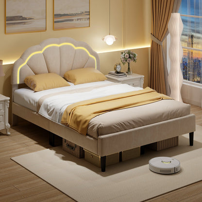 Upholstered LED Bed Frame with Adjustable Flower Headboard and Metal Support Feet-Queen Size