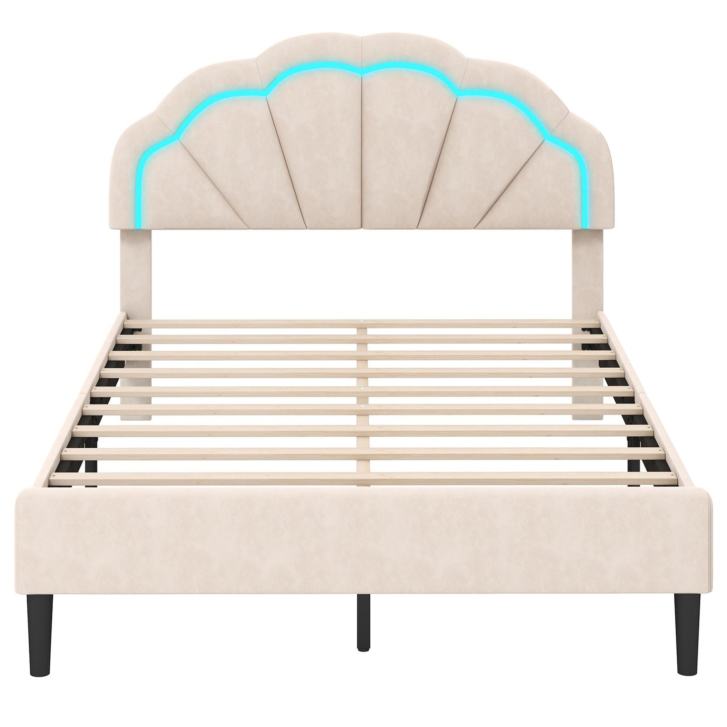 Upholstered LED Bed Frame with Adjustable Flower Headboard and Metal Support Feet-Queen Size