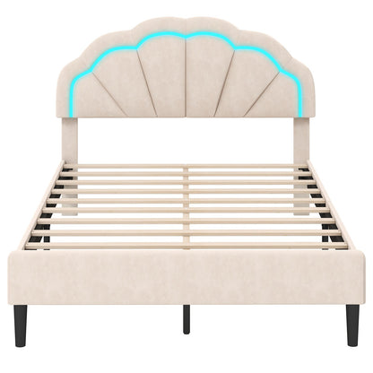Upholstered LED Bed Frame with Adjustable Flower Headboard and Metal Support Feet-Queen Size