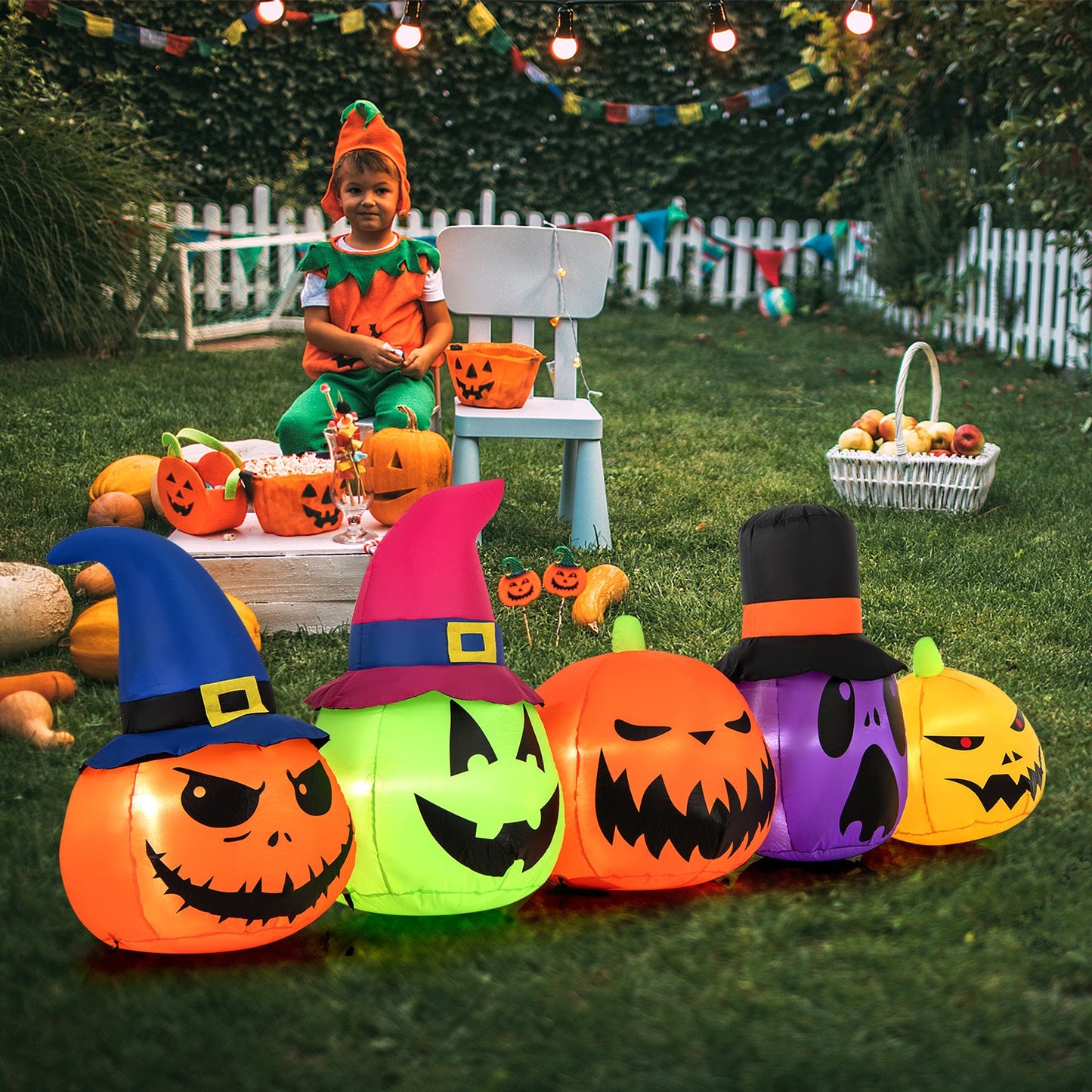 9-foot inflatable Halloween pumpkin patch family with built-in LED lights and witch hats, outdoor holiday decoration.