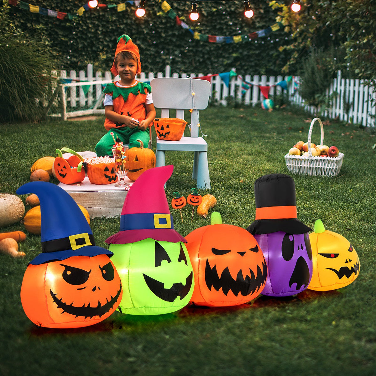 9-foot inflatable Halloween pumpkin patch family with built-in LED lights and witch hats, outdoor holiday decoration.