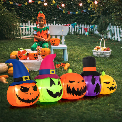 9-foot inflatable Halloween pumpkin patch family with built-in LED lights and witch hats, outdoor holiday decoration.