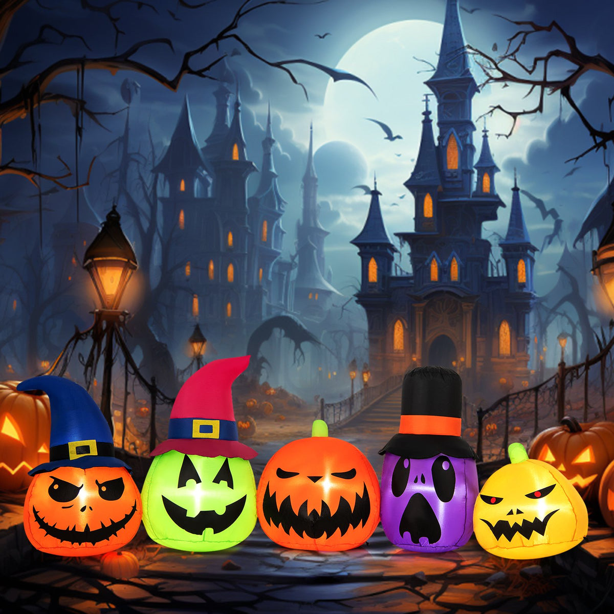 9-foot inflatable pumpkin patch family with LED lights and witch hats, perfect Halloween holiday outdoor decor.