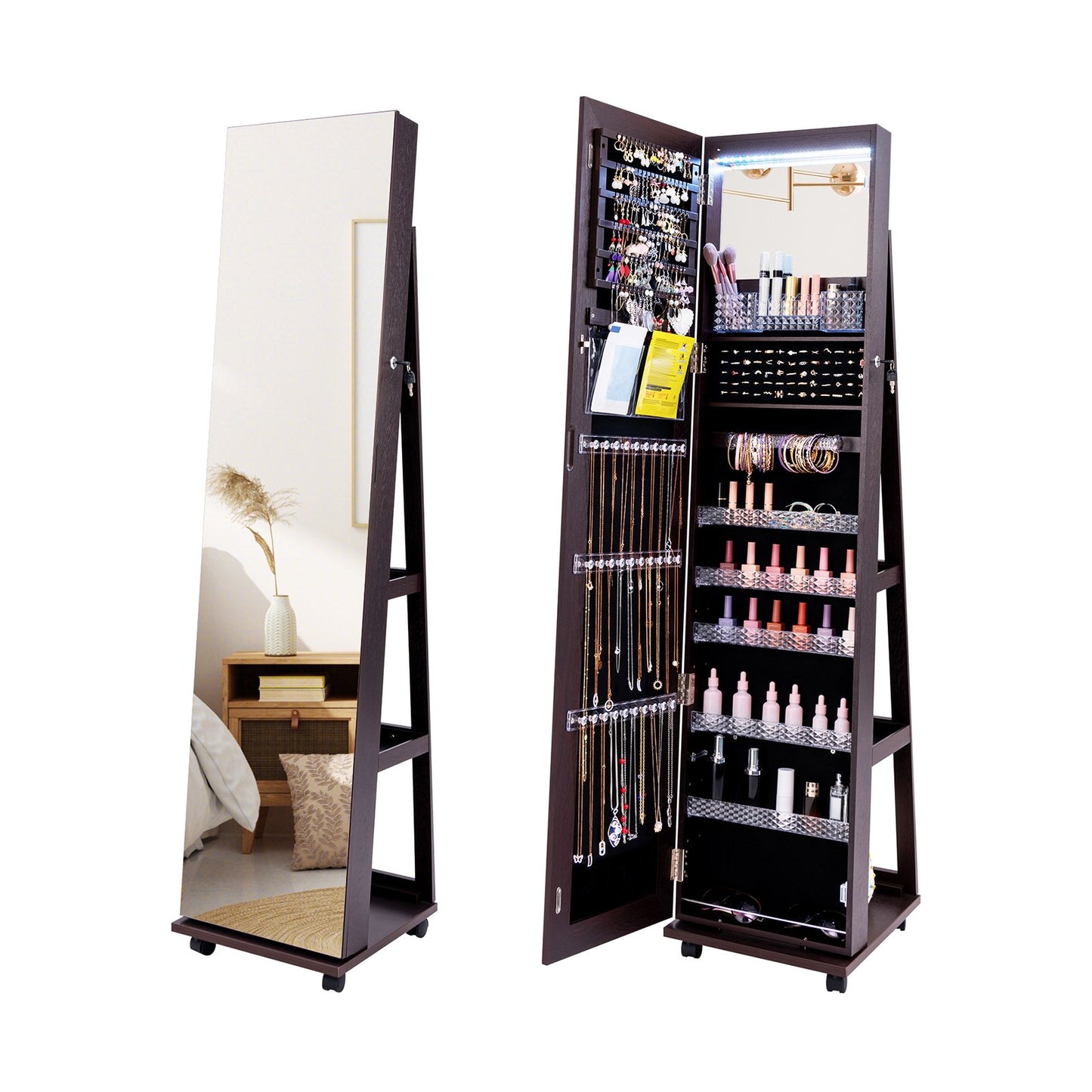 64 Inches Lockable Jewelry Cabinet Armoire with Built-in Makeup Mirror-Black