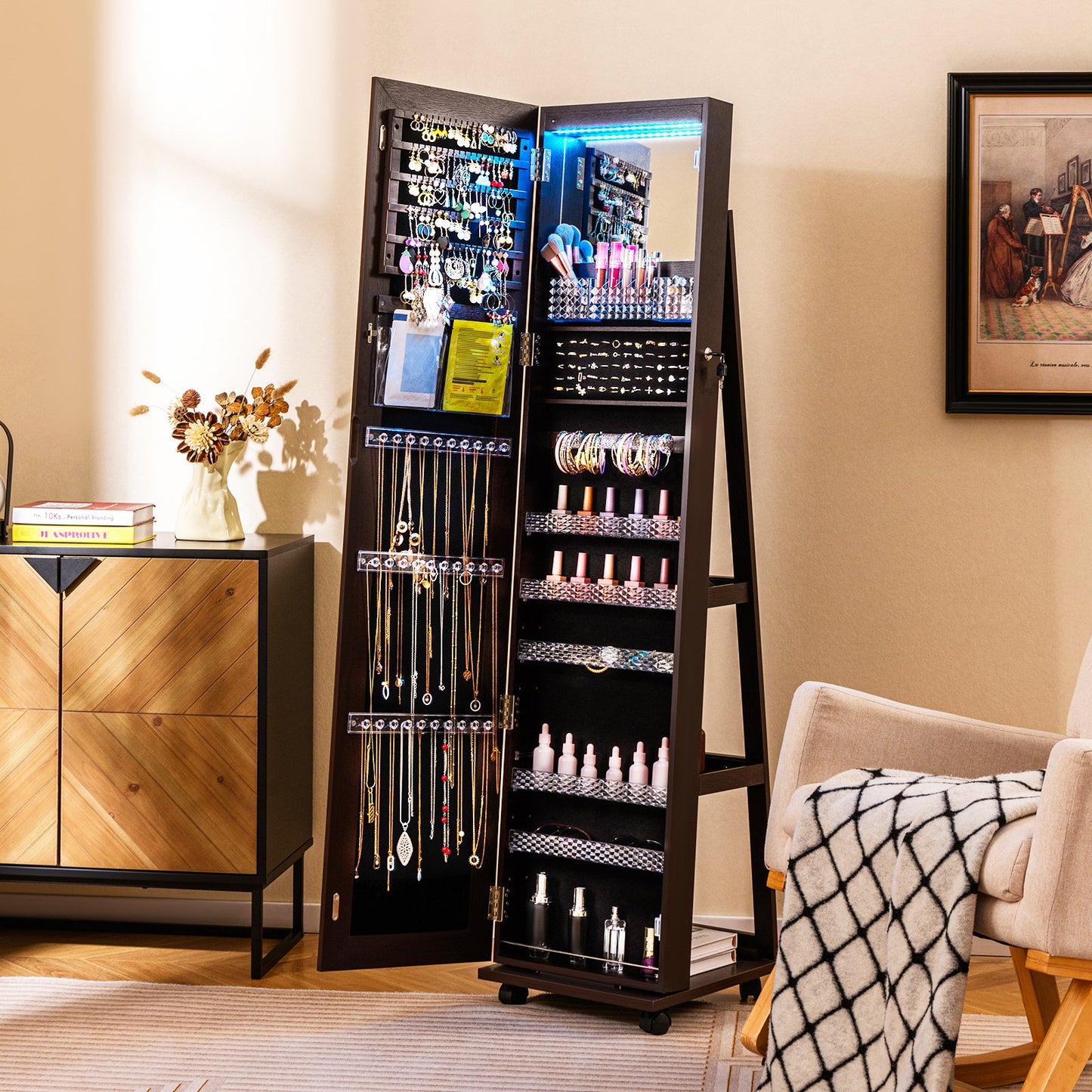 64 Inches Lockable Jewelry Cabinet Armoire with Built-in Makeup Mirror-Black