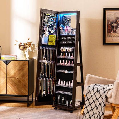 64 Inches Lockable Jewelry Cabinet Armoire with Built-in Makeup Mirror-Black