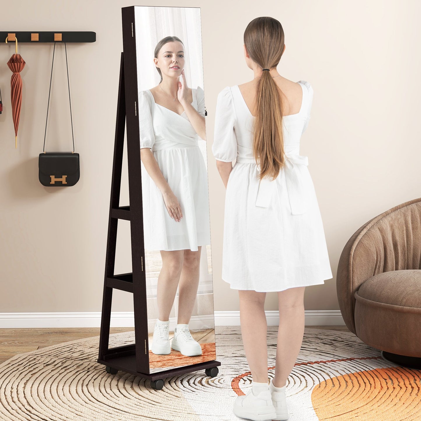 64 Inches Lockable Jewelry Cabinet Armoire with Built-in Makeup Mirror-Black